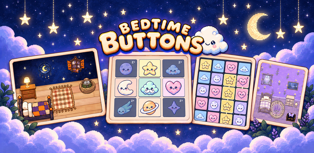 Bedtime Buttons, with celestial characters, puzzle boards and cozy decorated bedrooms under a starry sky.