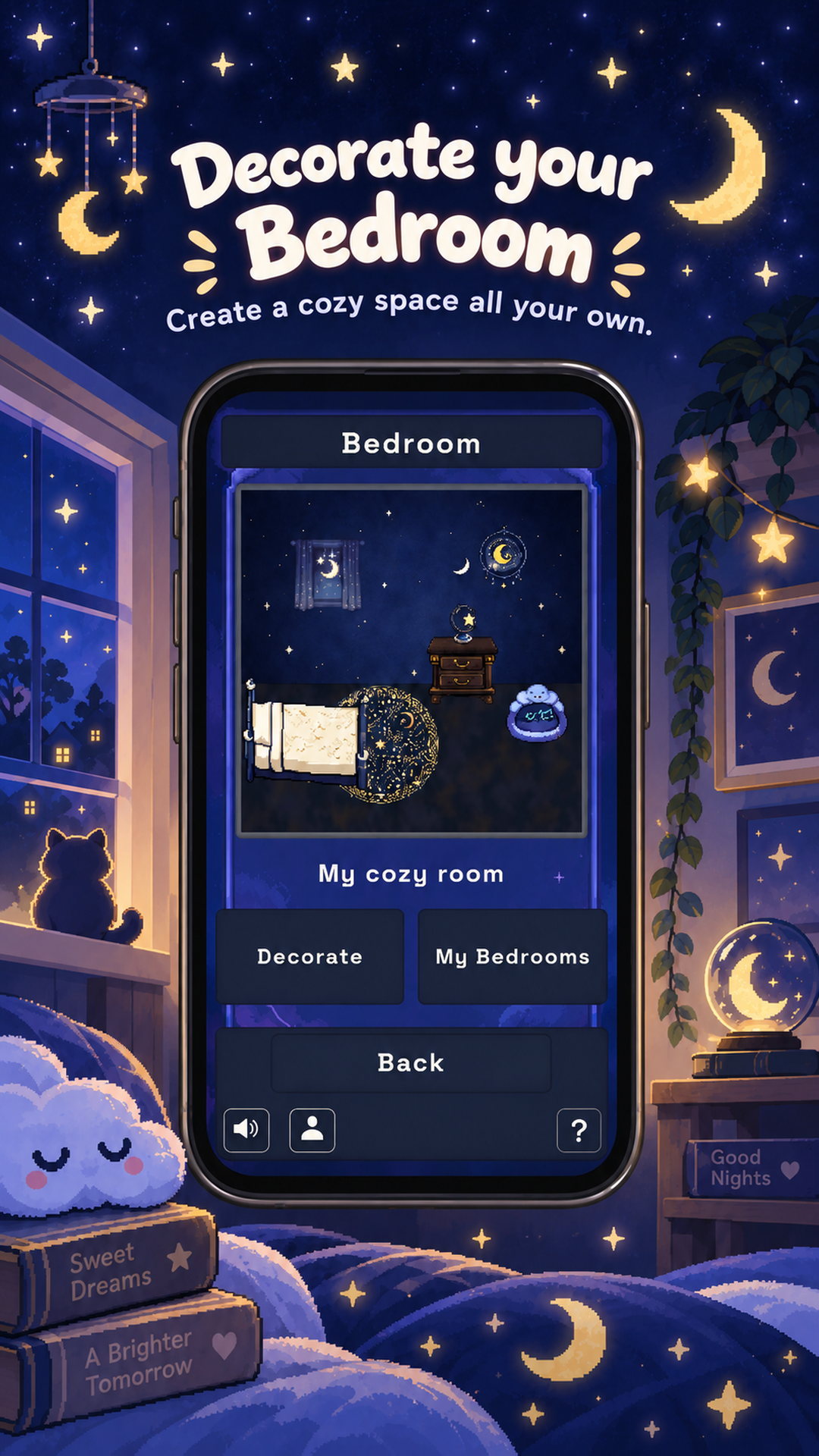 Decorate your Bedroom. A Night Sky room with a starry bedspread, dresser, wall decorations and a sleeping pet.