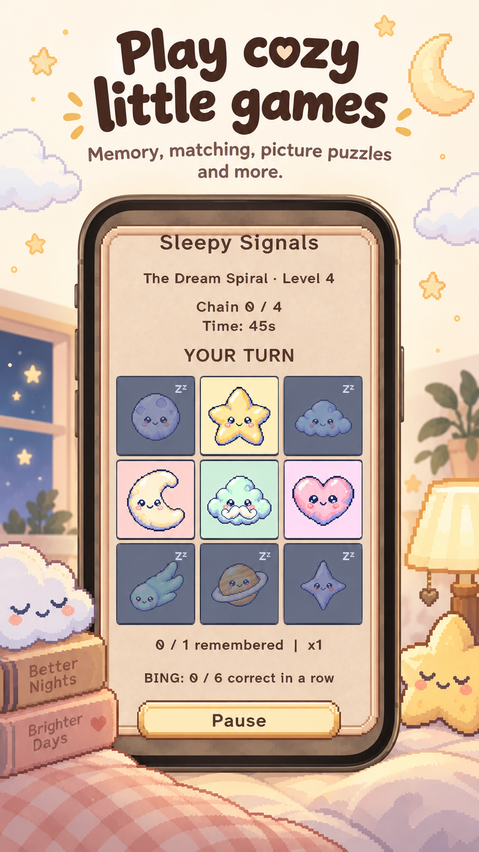 Play cozy little games. Sleepy Signals shows a board of sleepy celestial characters in a warm bedroom setting.